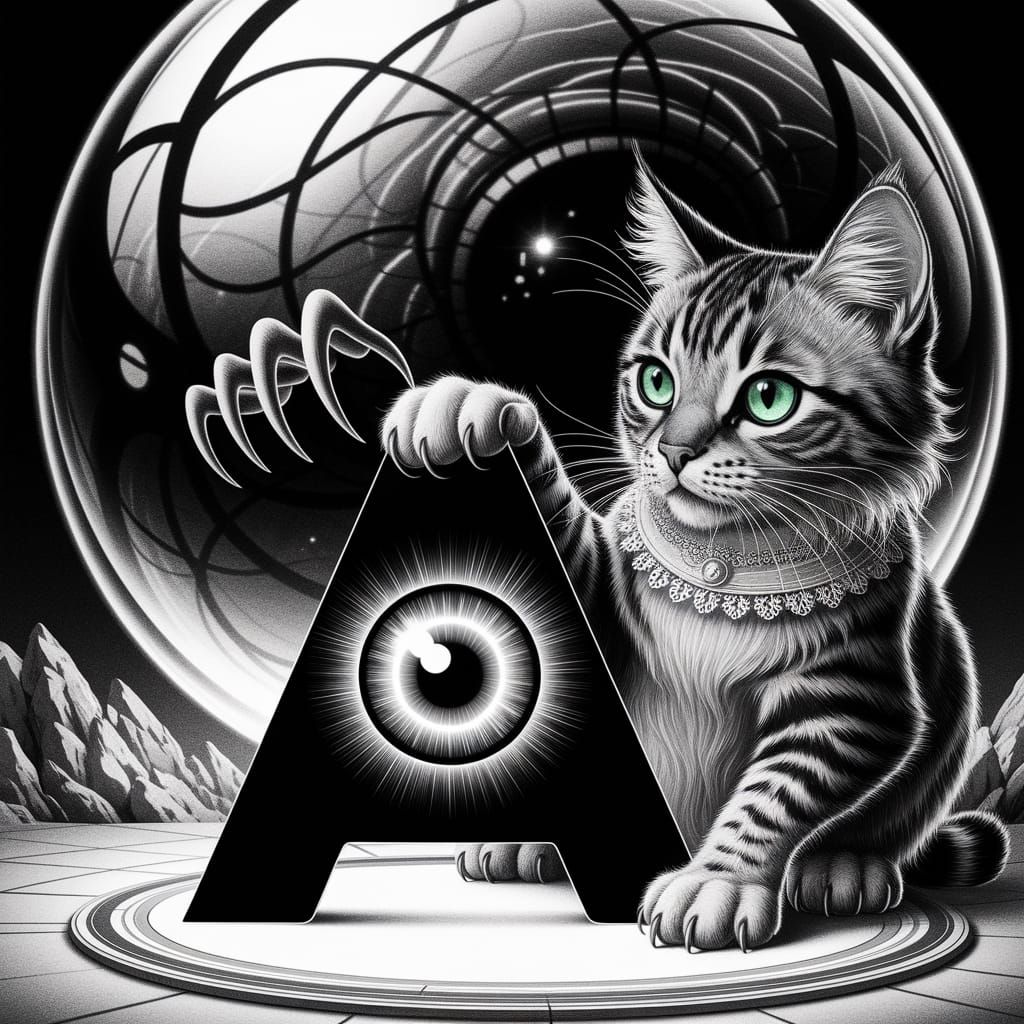 Surreal Pencil Sketch of Feline Mystique in Optical Illusion