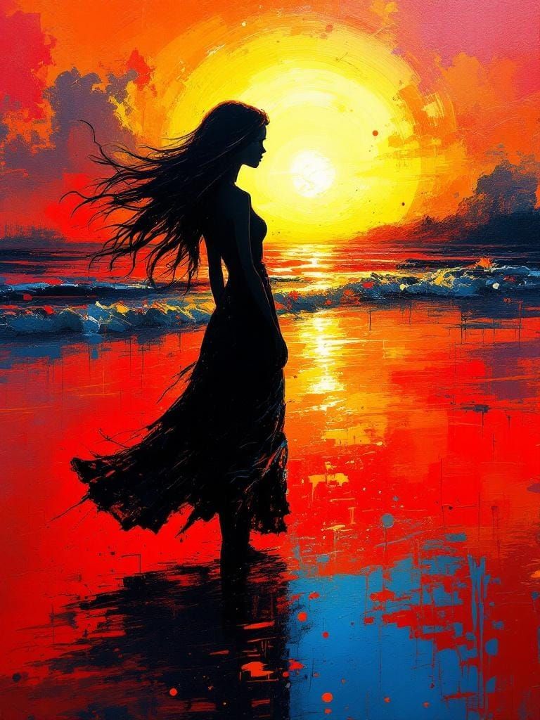 Sunset Silhouette in Expressive Neo-Expressionism