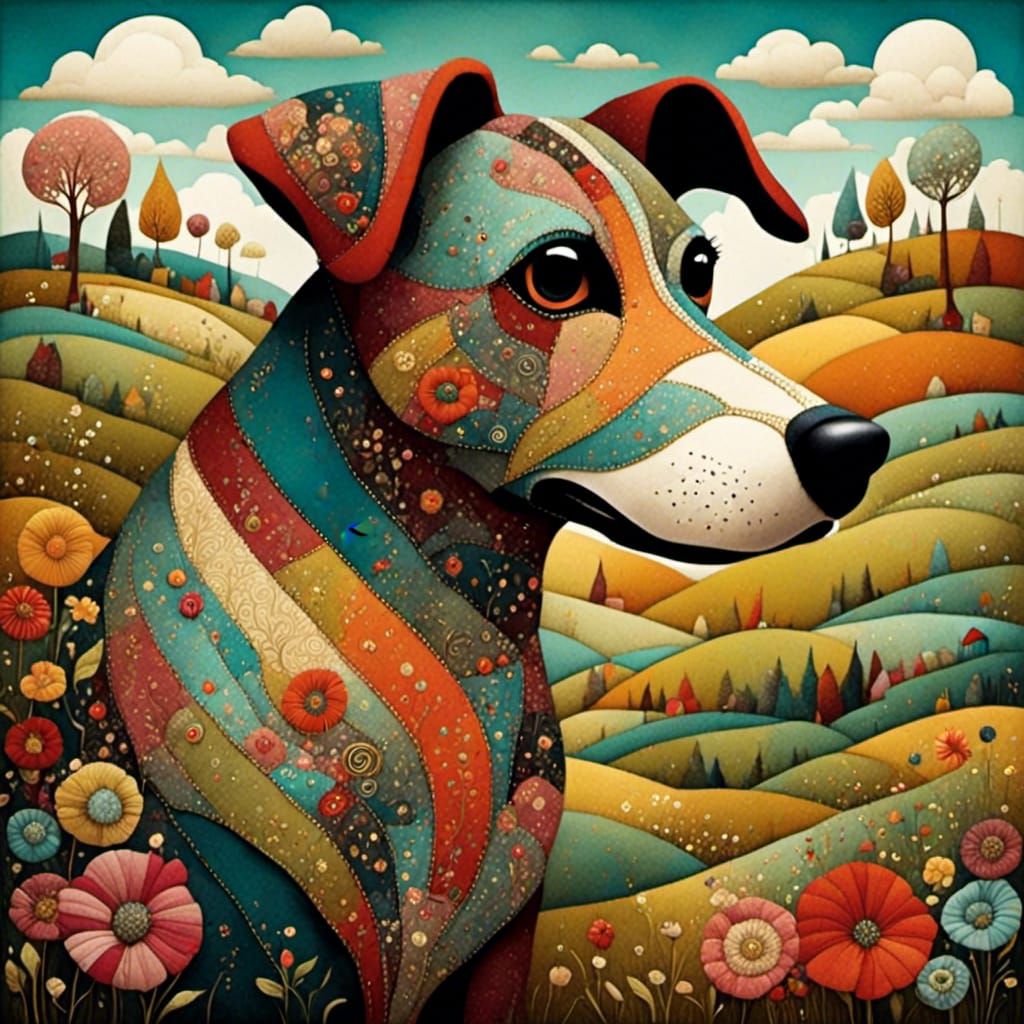Surreal Patchwork Dog in Storybook Style