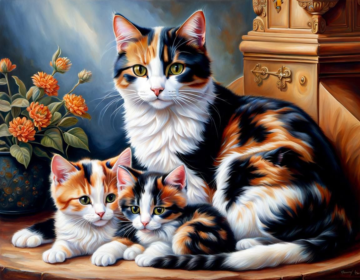 Mother Cat and her Two Kittens