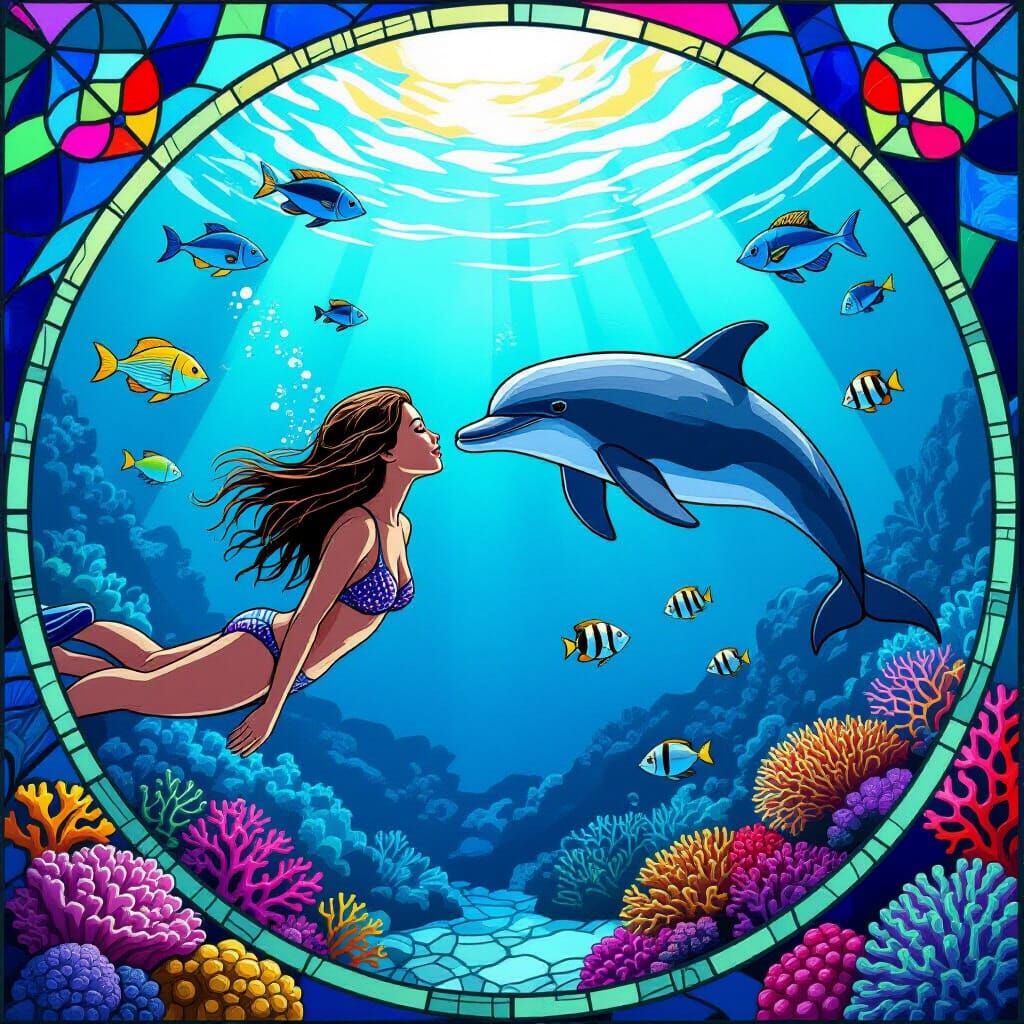 Diver and Dolphin in Stained Glass Sea World