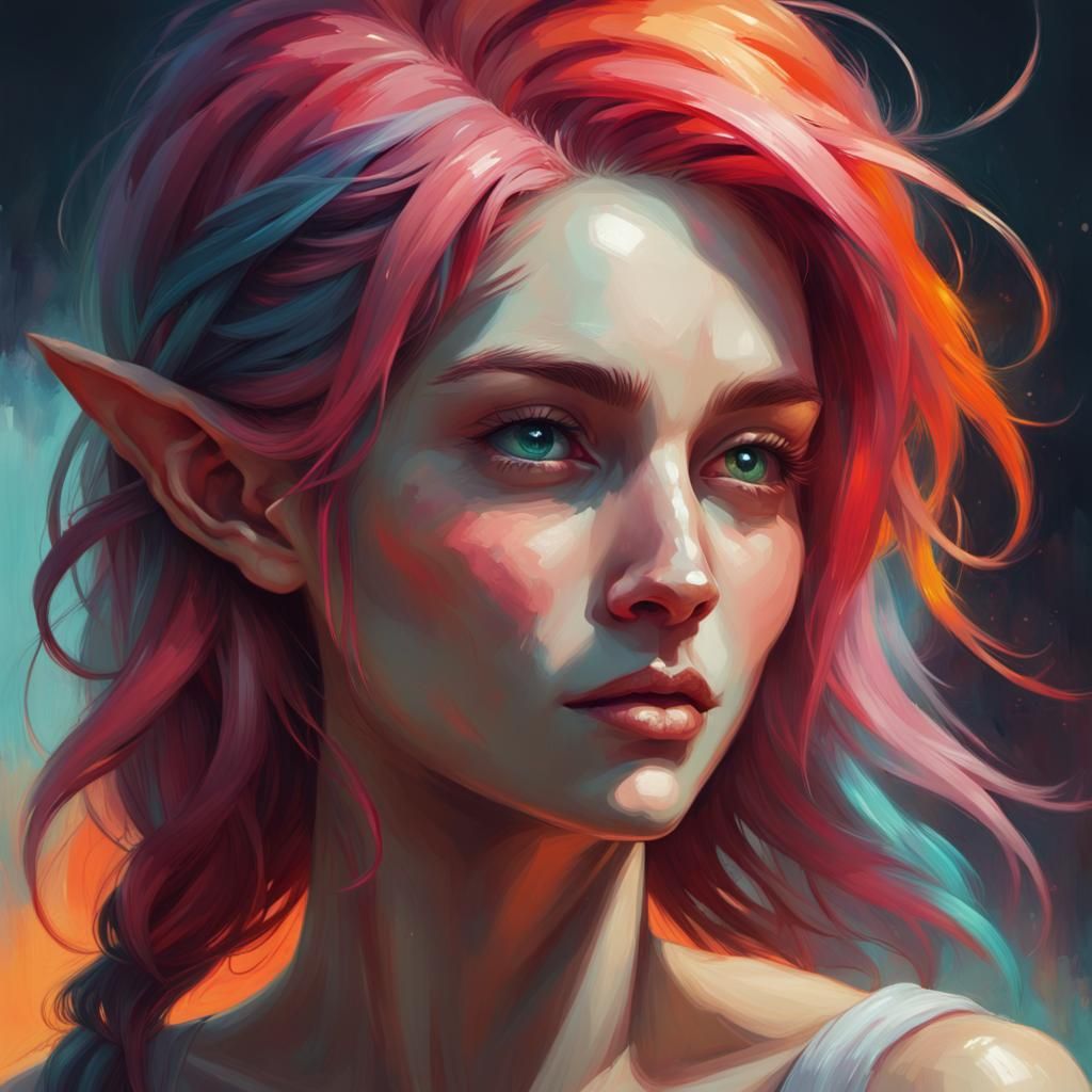 Colorful Haired Elf Woman Portrait in Elfpunk Style