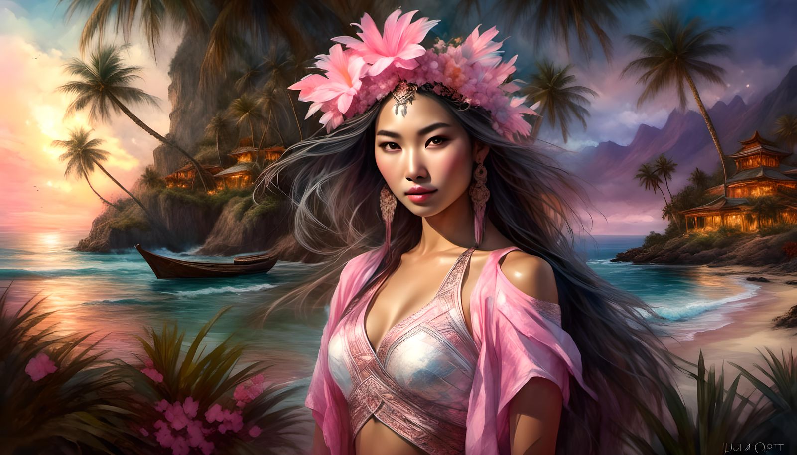 Tropical Island Portrait of a Woman in Watercolor Style