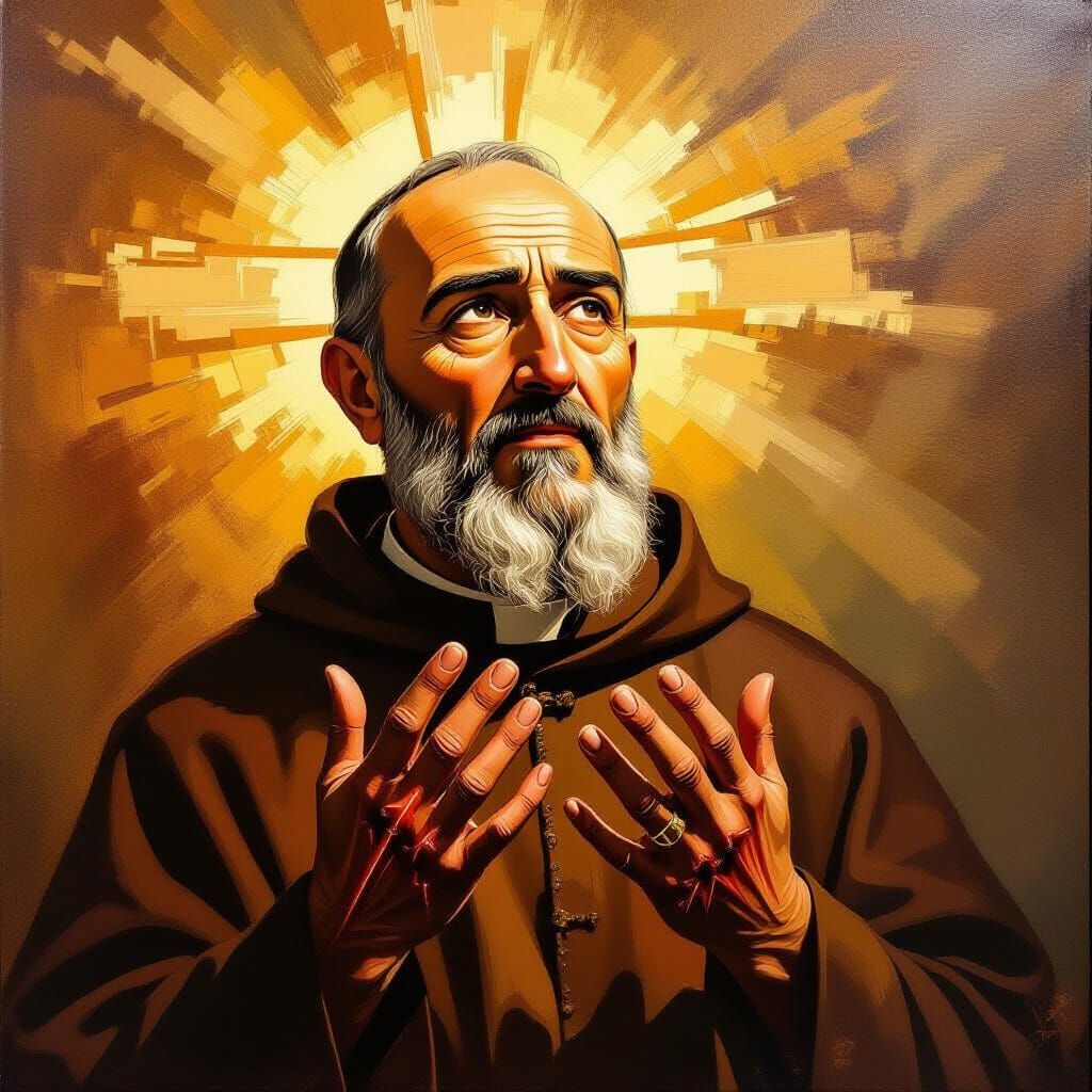 Padre Pio's Divine Vision: Oil Painting with Stigmata