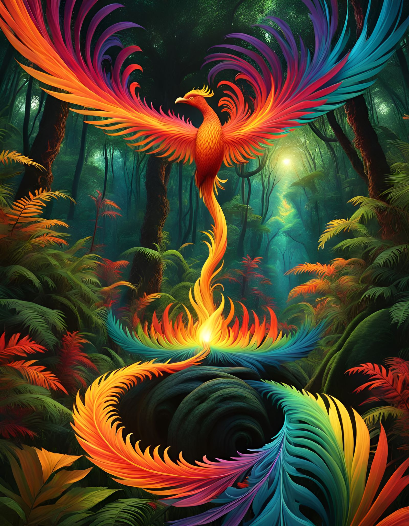 Fiery Phoenix Rising in Magical Jungle Clearing