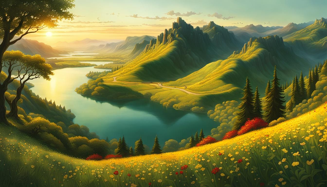 Lush Valley Landscape in Detailed Fantasy Art Style