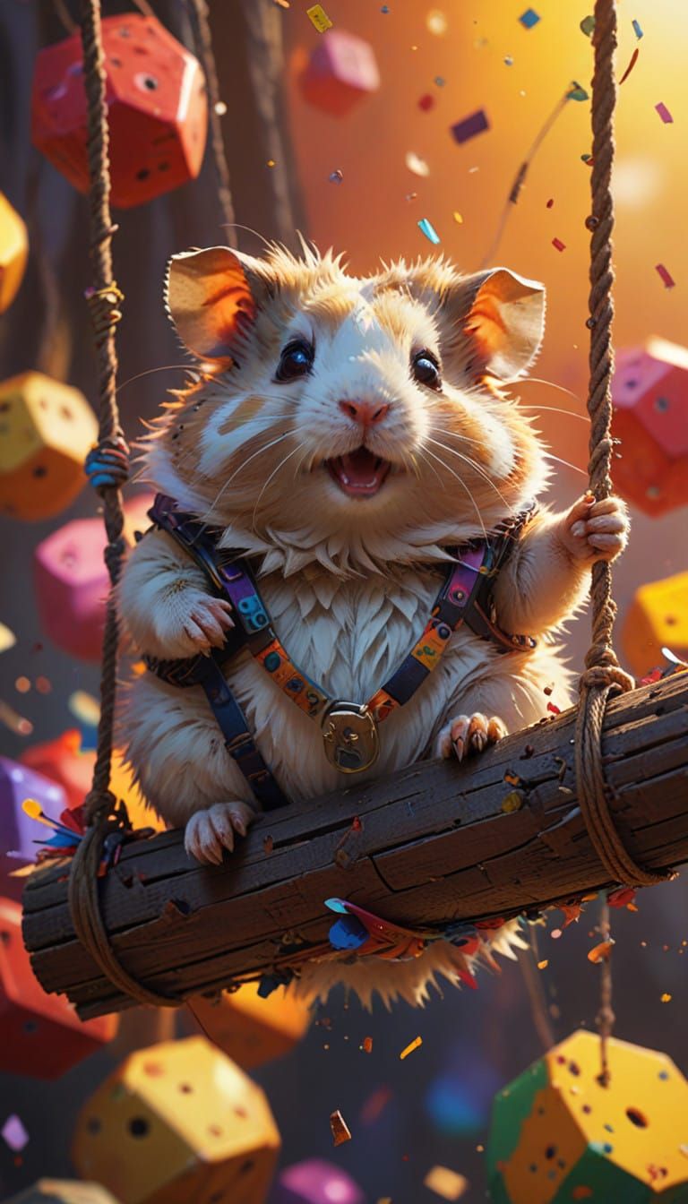 Joyful Hamster on Wooden Swing in Hyperrealistic Concept Art
