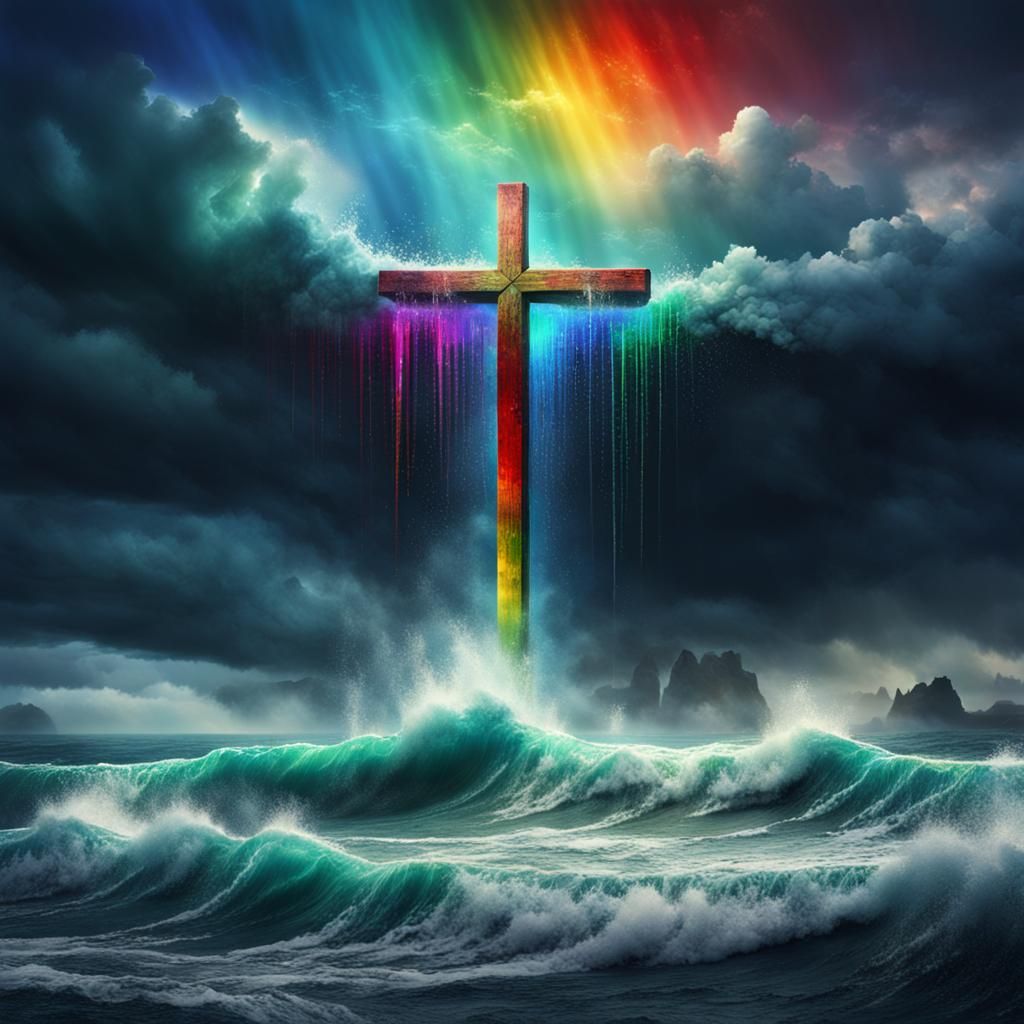 Raging Ocean Cross Under Rainbow, Digital Matte Painting