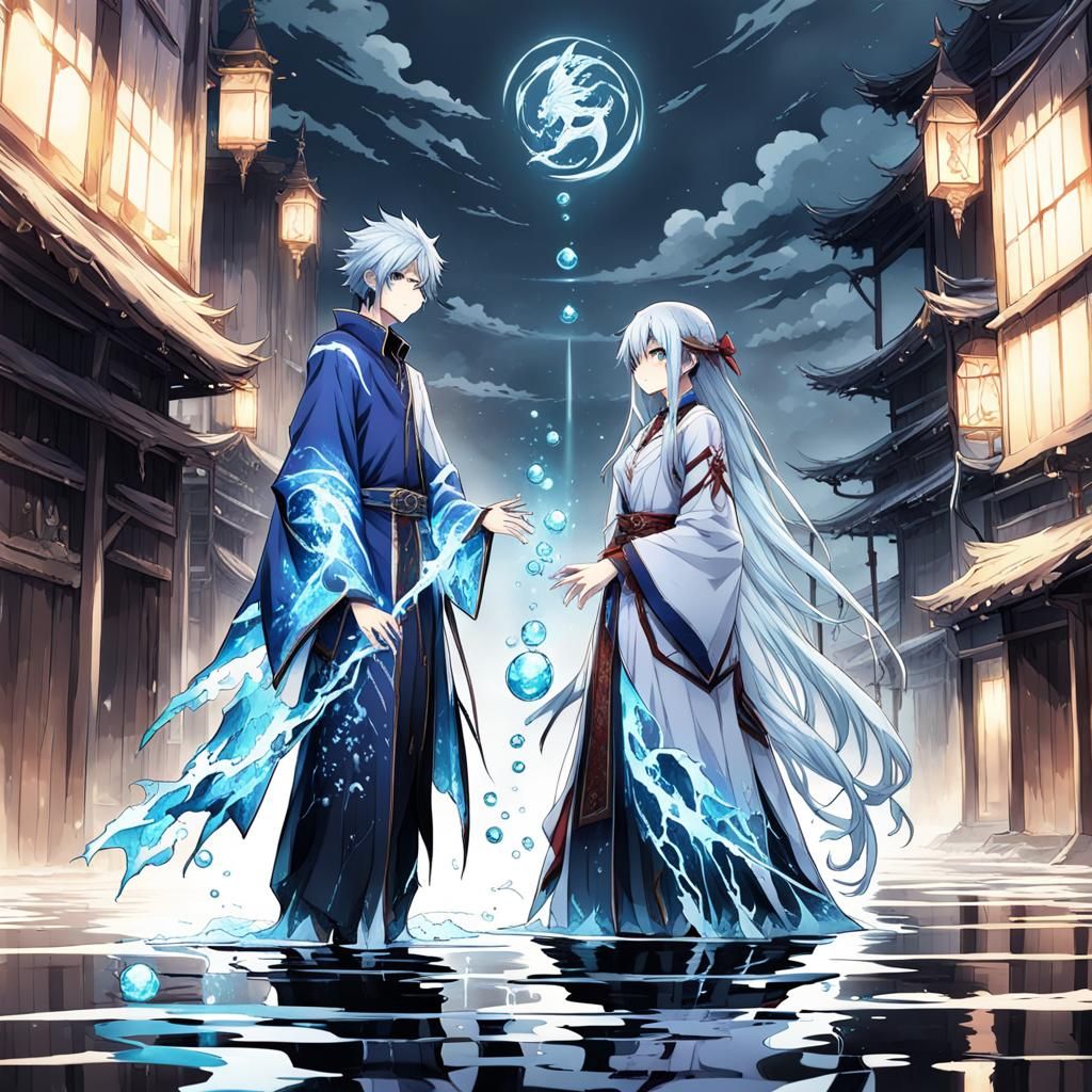 Romantic Anime Scene: Water Mage and Shadow Sage