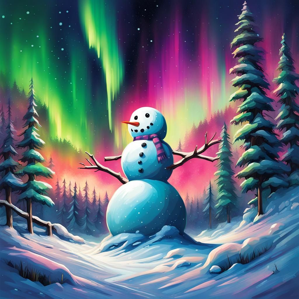 Colorful Northern Lights over Snowy Winter Scene