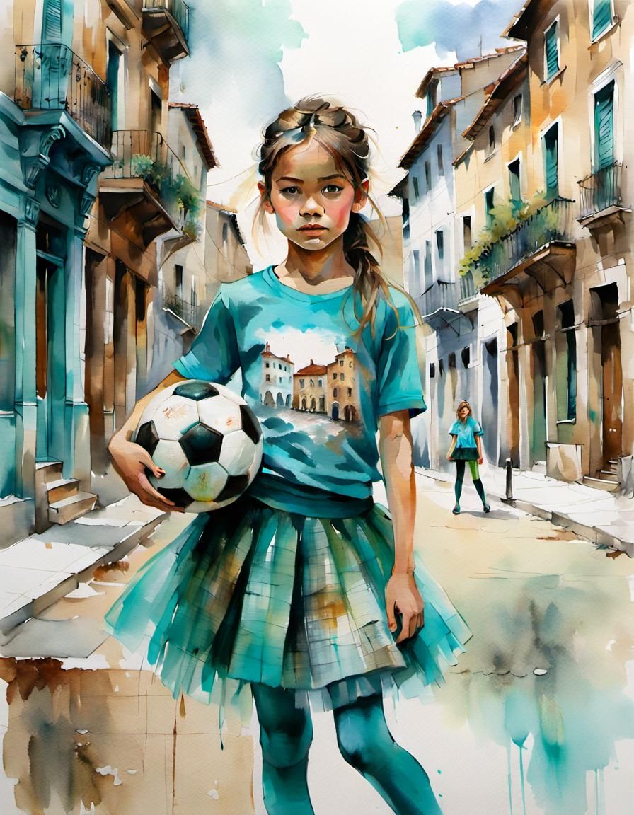 Girl with Soccer Ball in Watercolor Style