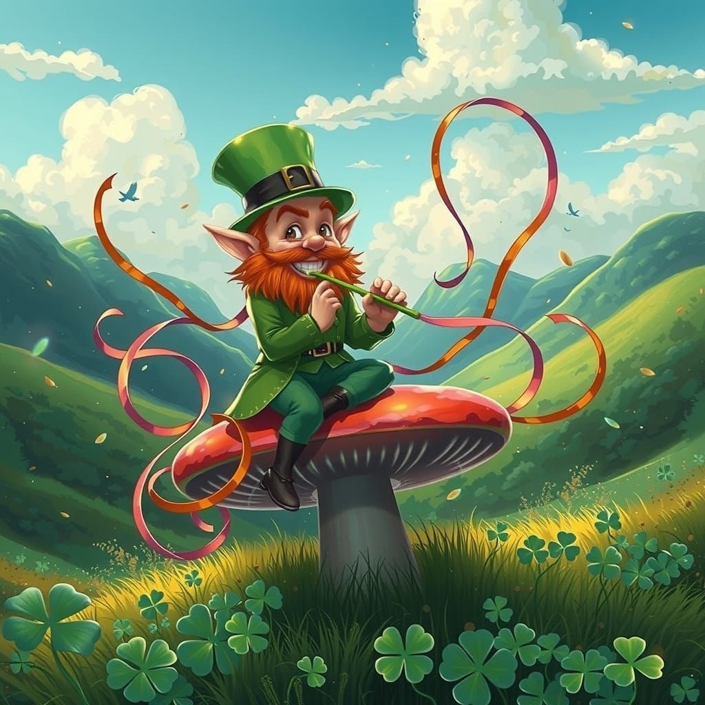 Whimsical Leprechaun on Four-Leaf Clover Tee Shirt Design in...