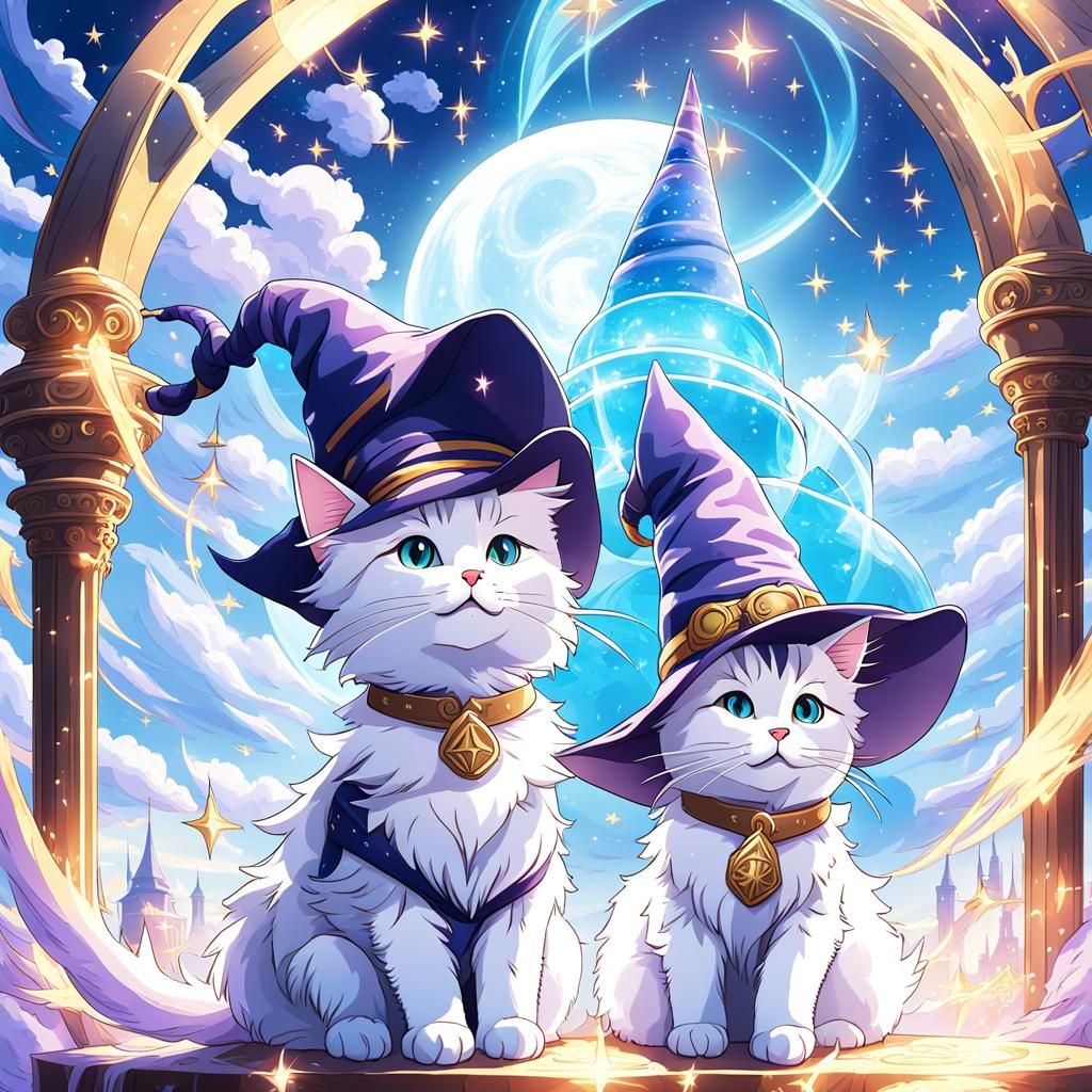Cats in Wizard Hats with Anime Style