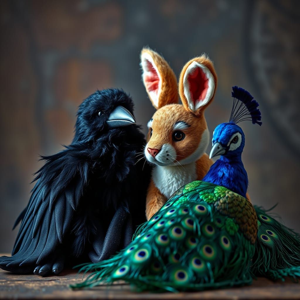 Hyperrealistic Stuffed Animals: Raven, Rabbit and Peacock