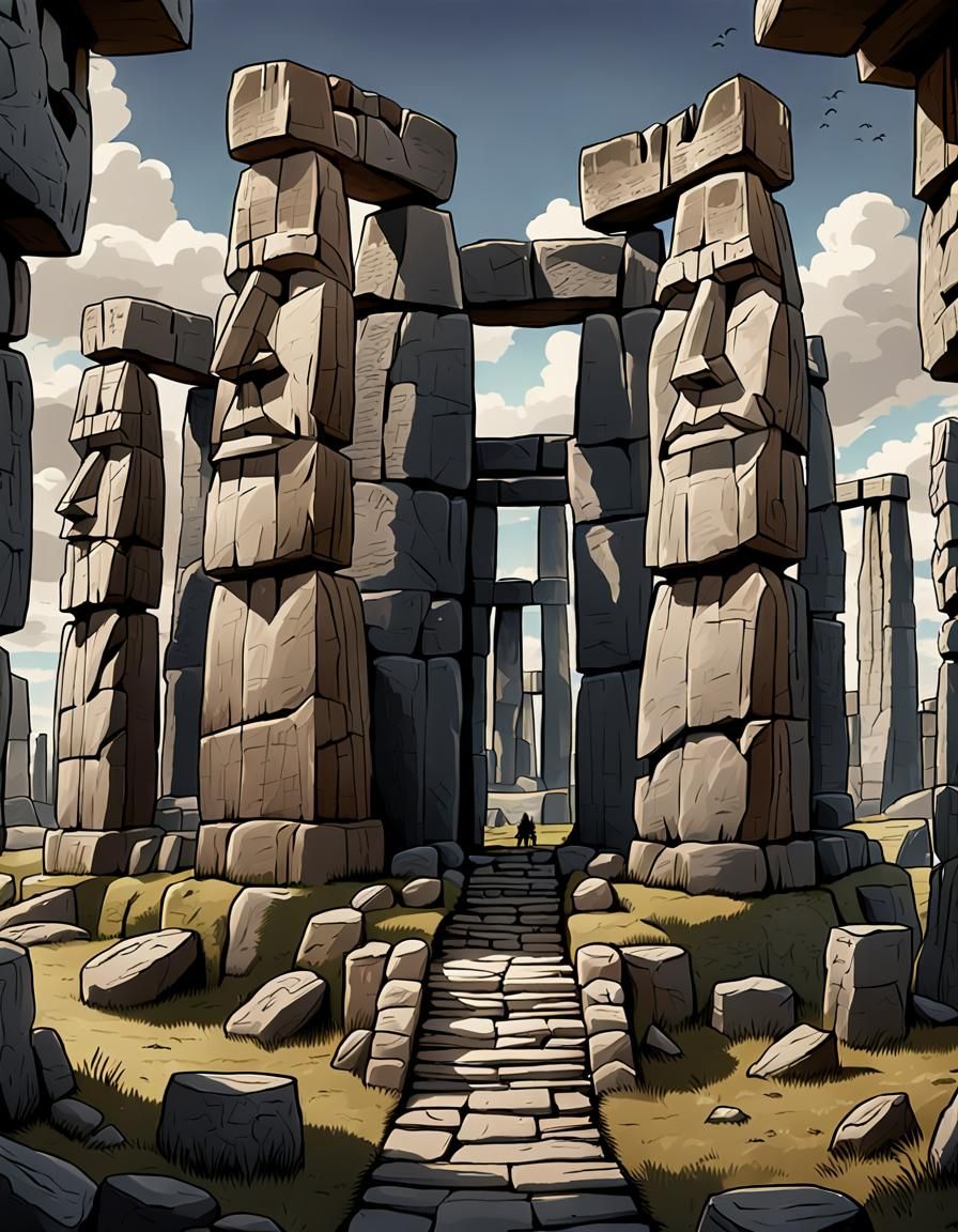Giants Build Stonehenge: Cartoon Drawing from Ancient Book