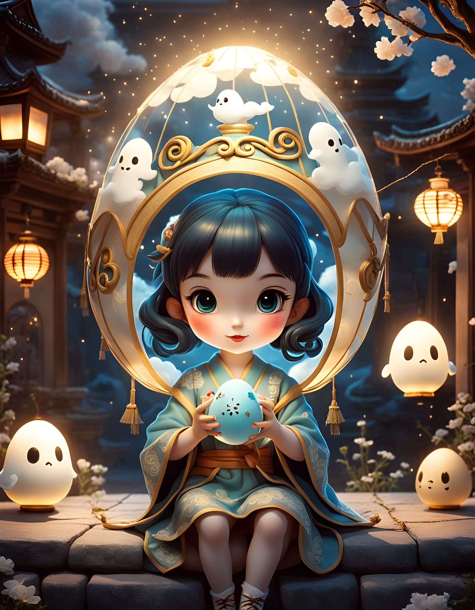 Chibi Girl with Ghost Egg in Cartoon Style