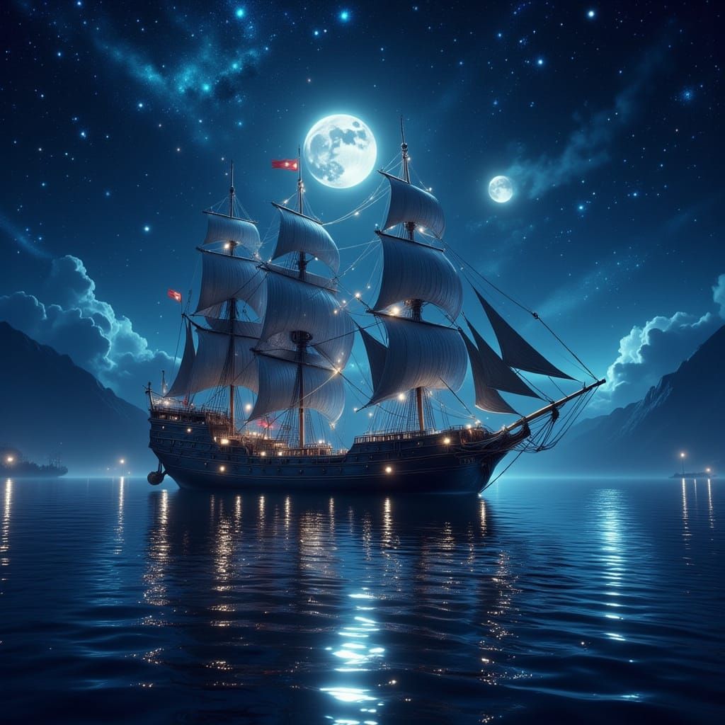Period Sailing Ship Under Starlight