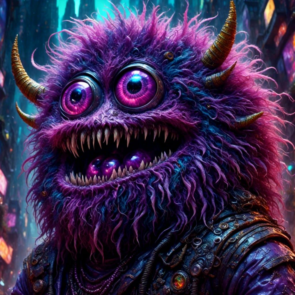 Single-Eyed Purple Creature in Synthwave 2099 Style