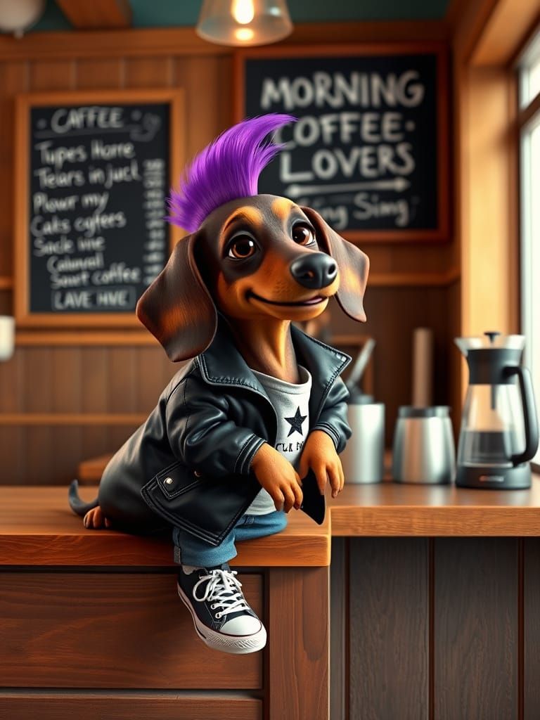 Dachshund with Purple Mohawk in Cozy Café, CGI
