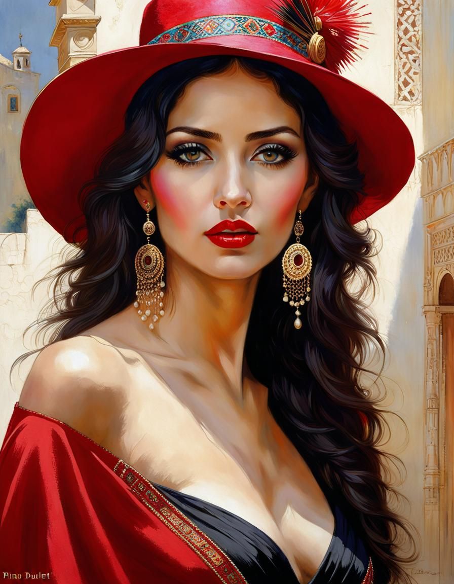 Exotic Woman in Crimson Hat: Hyper-Realistic Portrait