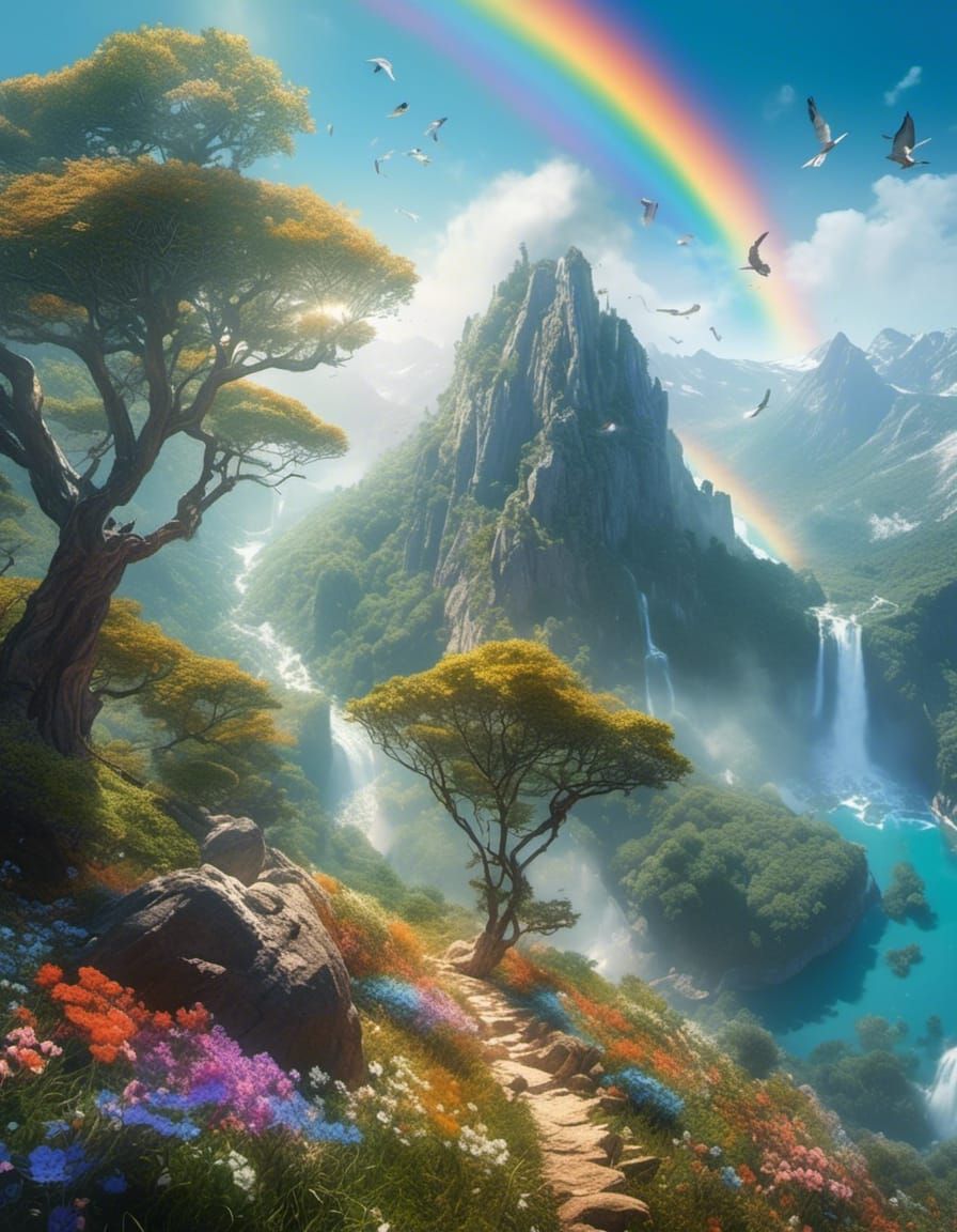 Mountain Waterfall Landscape with Rainbow, Oil Painting