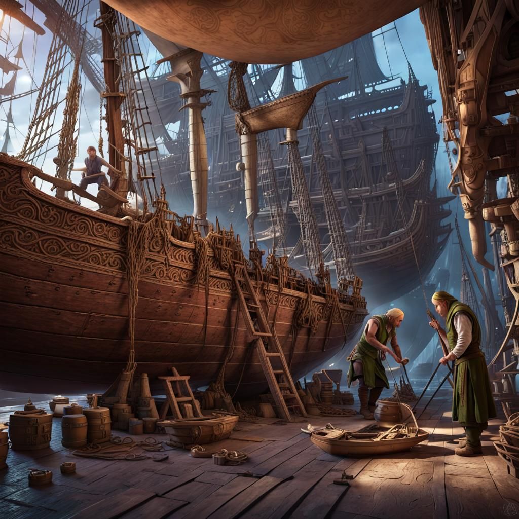 Elven Shipwrights Repairing Ship in Dry-dock