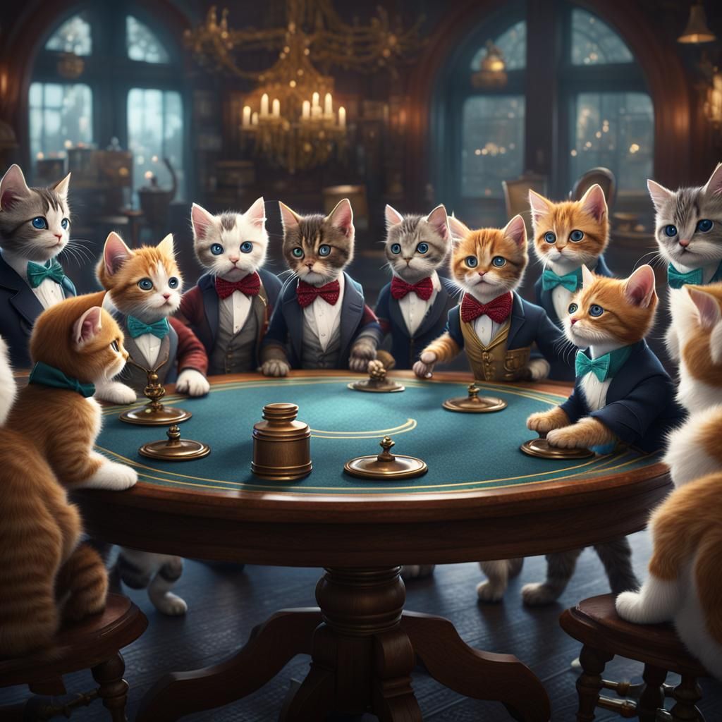 Kittens Debate at Round Table, Detailed Matte Painting