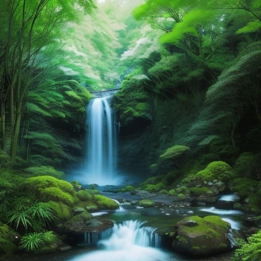 Lush Waterfall Landscape with Vibrant Flora