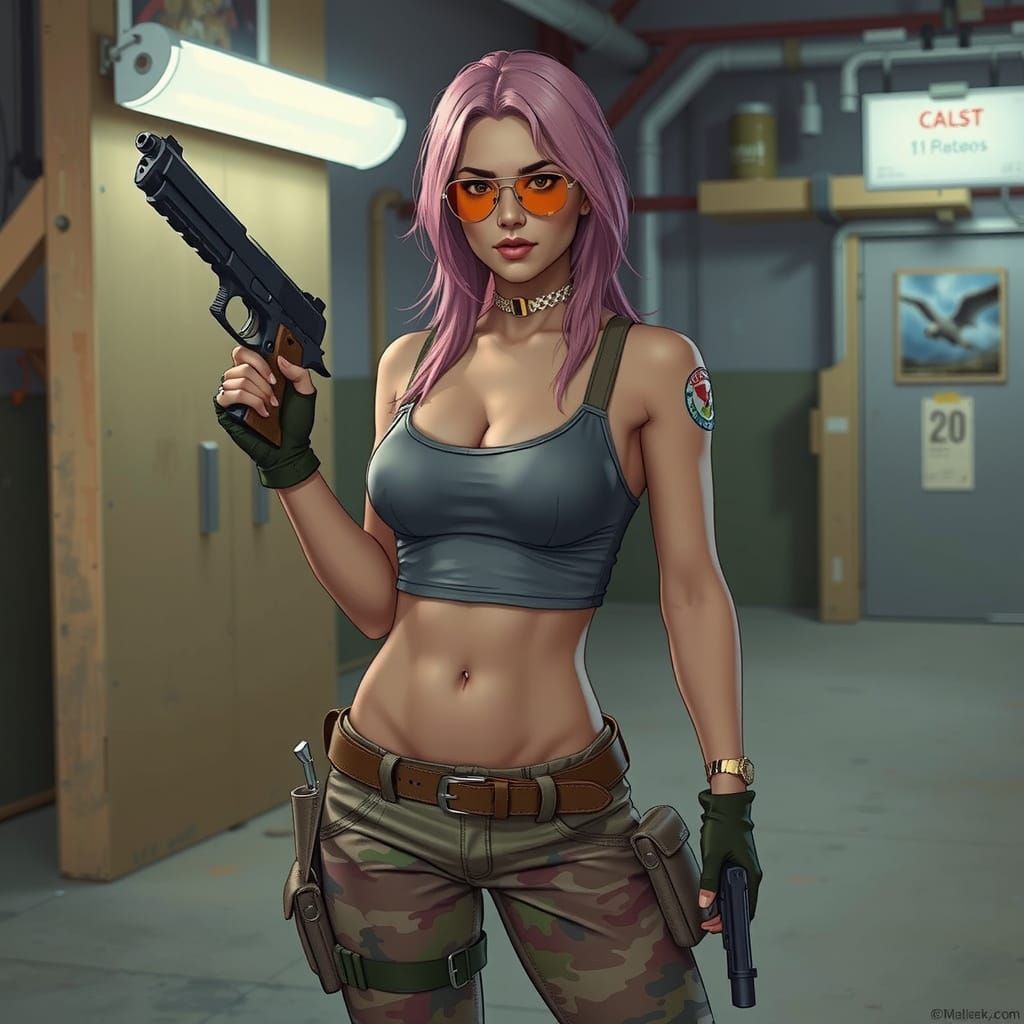 Camo Lara Croft with Desert Eagles, Comic Book Art