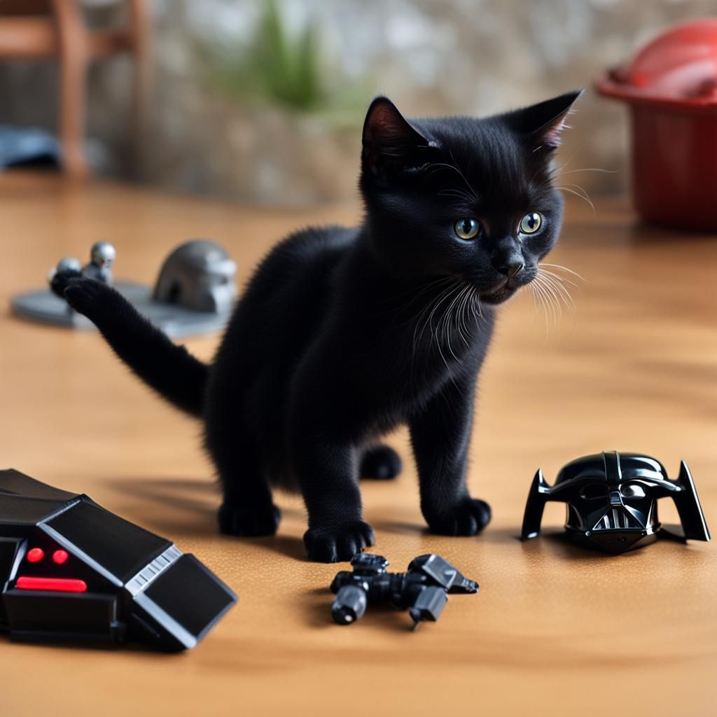 Black Kitten Intrigued by Darth Vader Figure