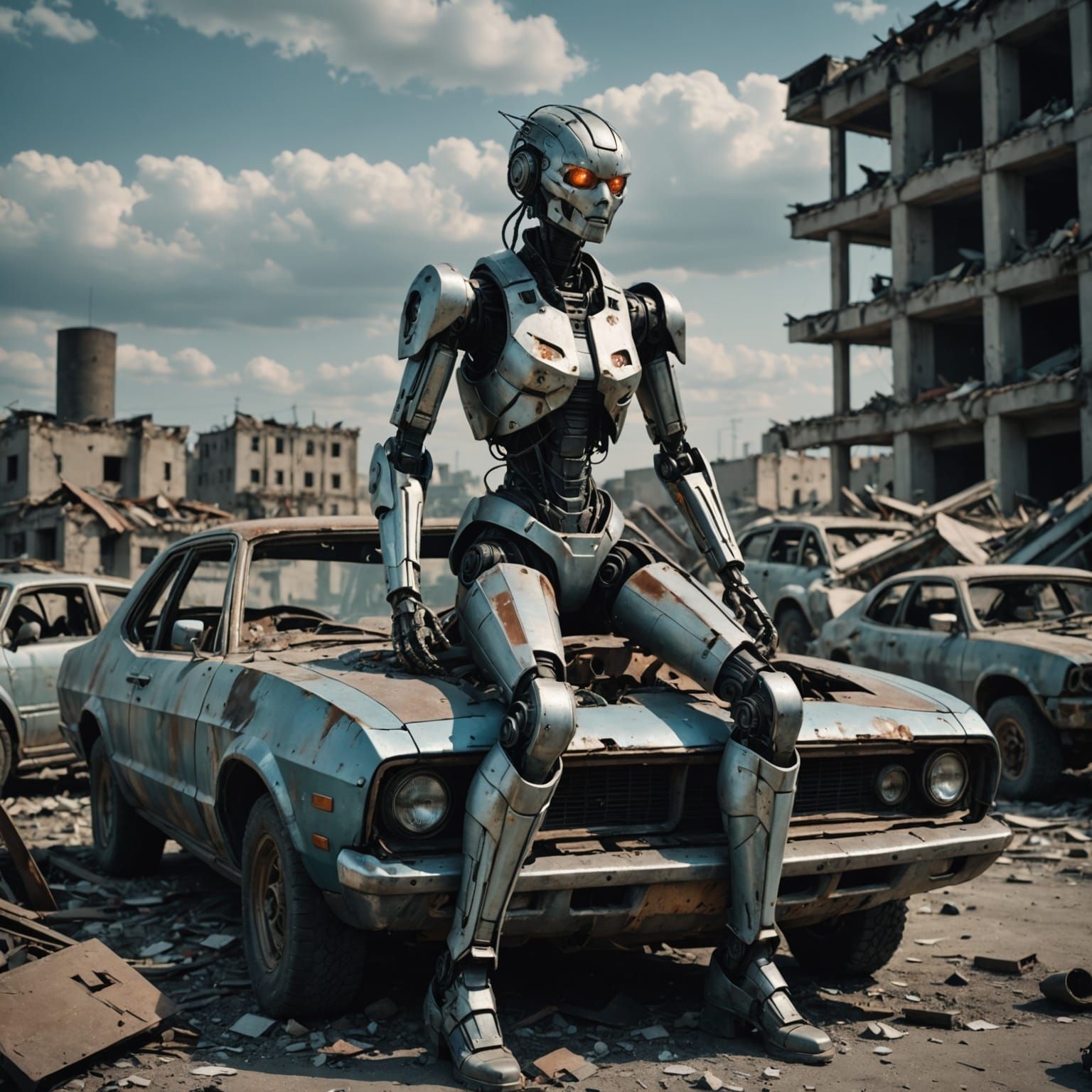 an attractive robot woman with a perfect body sitting on the roof of a destroyed car in a post-apocalyptic city