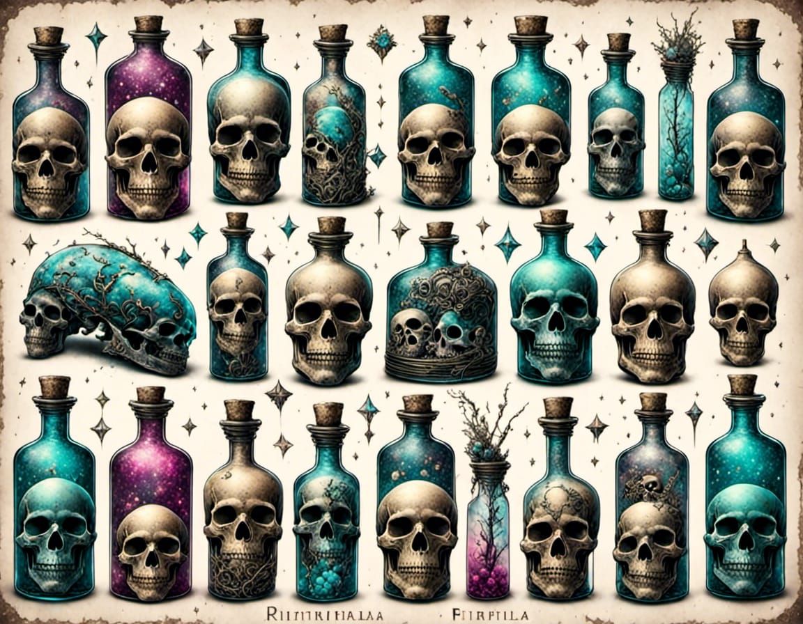 Vintage Bottles with Spooky Skulls and Ghosts