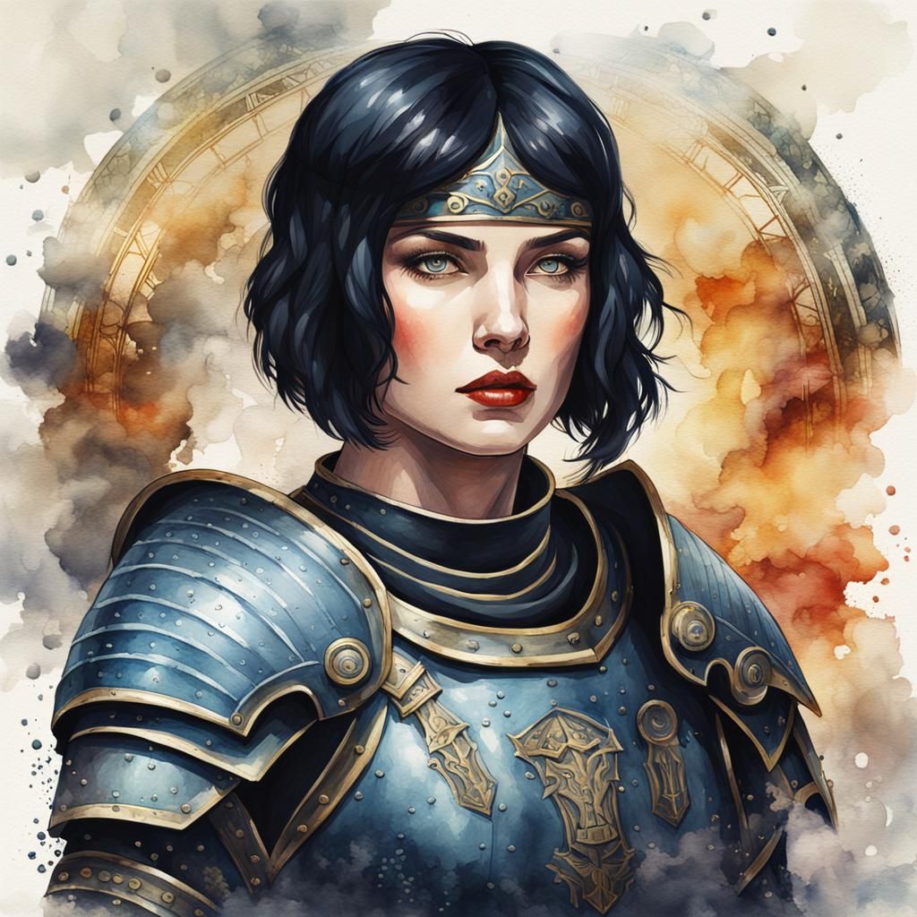 Gothic Woman in Spartan Armor: Watercolor Illustration