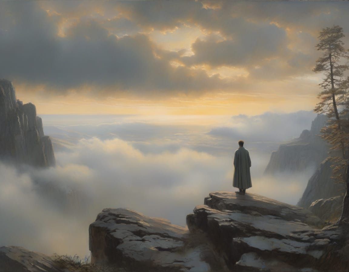 Contemplative Figure Overlooking Misty Landscape