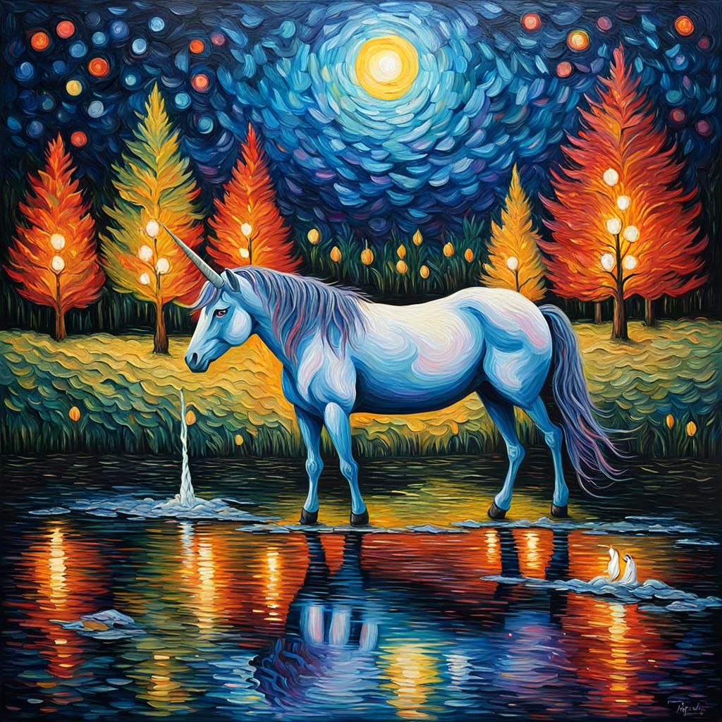 Unicorn Drinking at River's Edge: Neo-Impressionist Oil Pain...