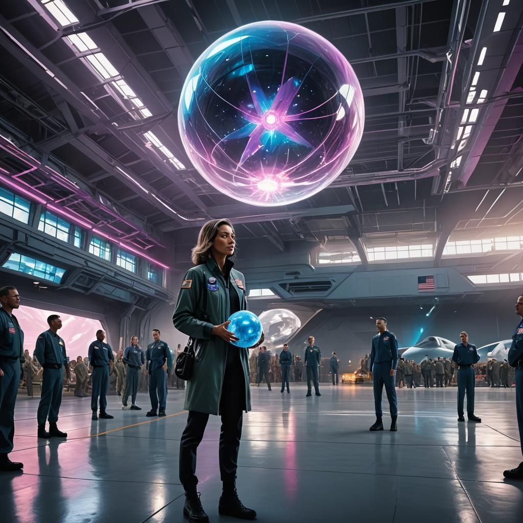 Extraterrestrial Woman with Orb in Air Force Hangar