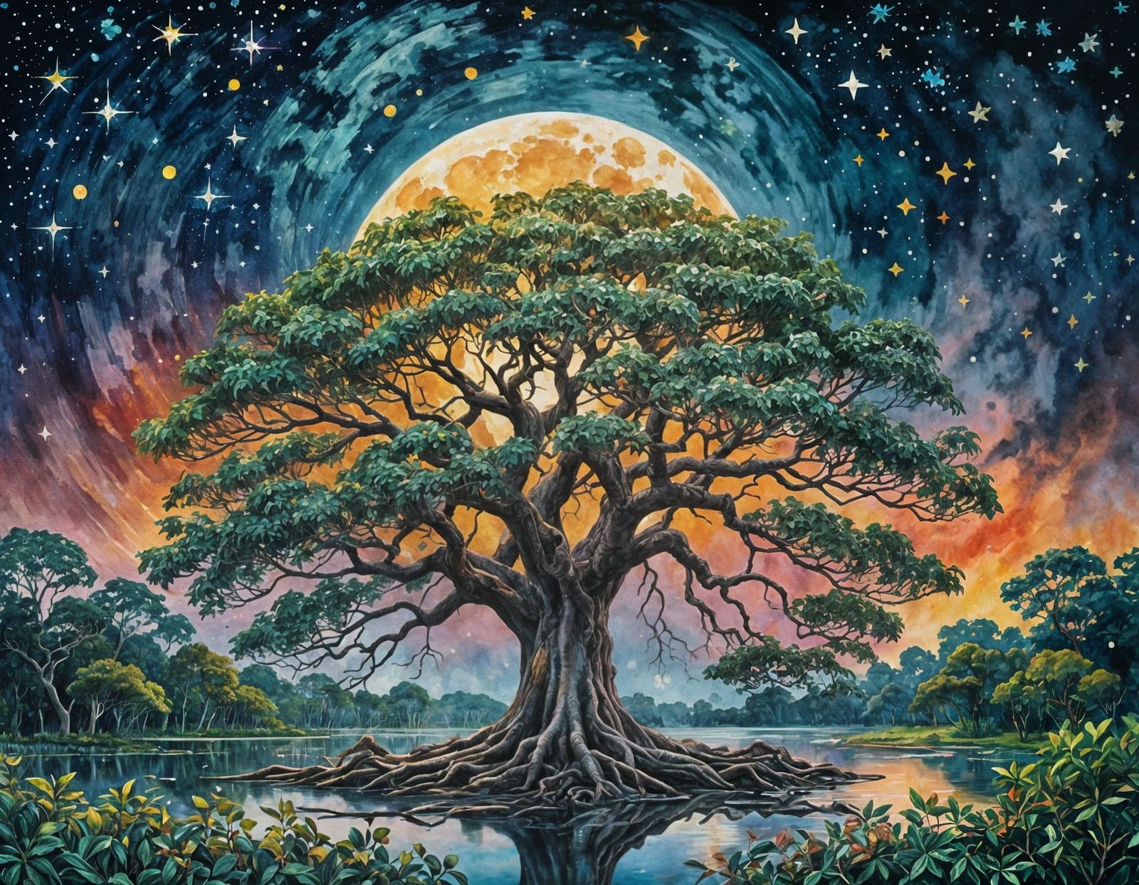 Banyan Tree Under Moon in Gouache Style