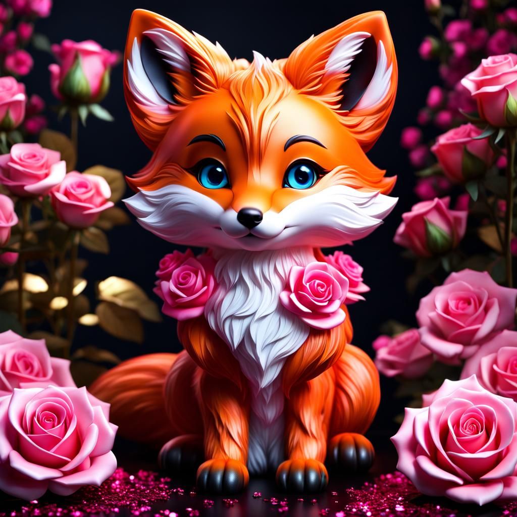 Adorable Chibi Fox Made of Pink Roses