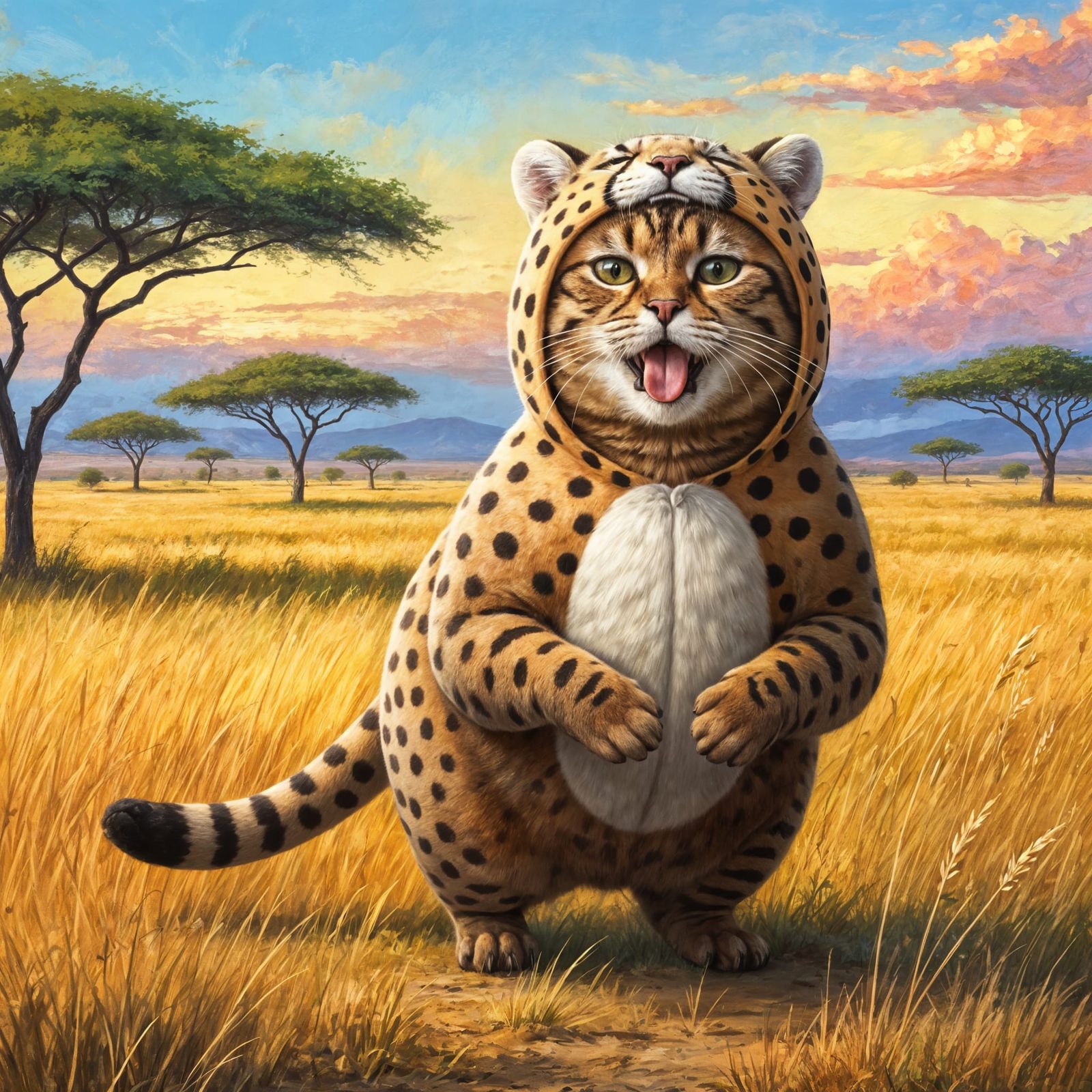 Chubby Cat in Cheetah Costume Exhausted on Savannah