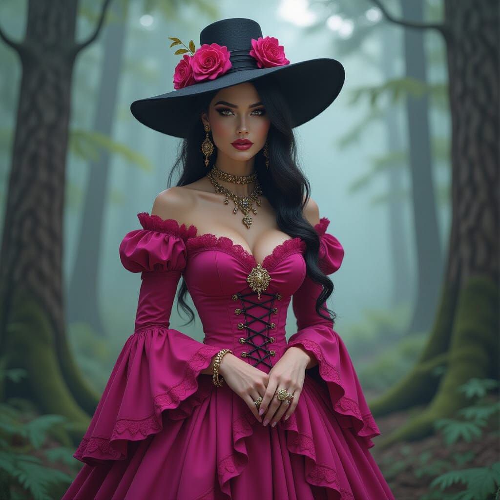 A watercolor illustration of a 3D, Brian Froud-style medium shot of an elegant woman dressed in a pink goth-style dress ...