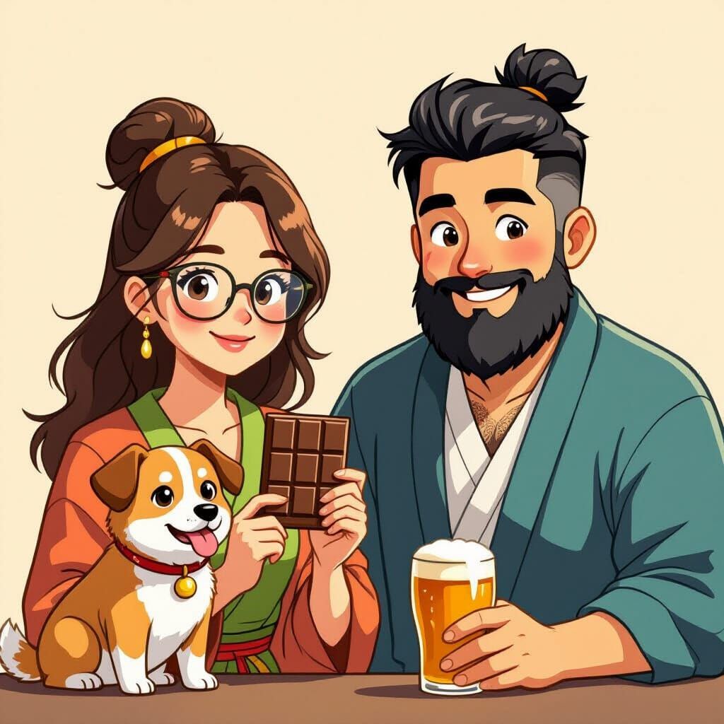 Yogini with Chocolate, Dog, and Bearded Man with Beer