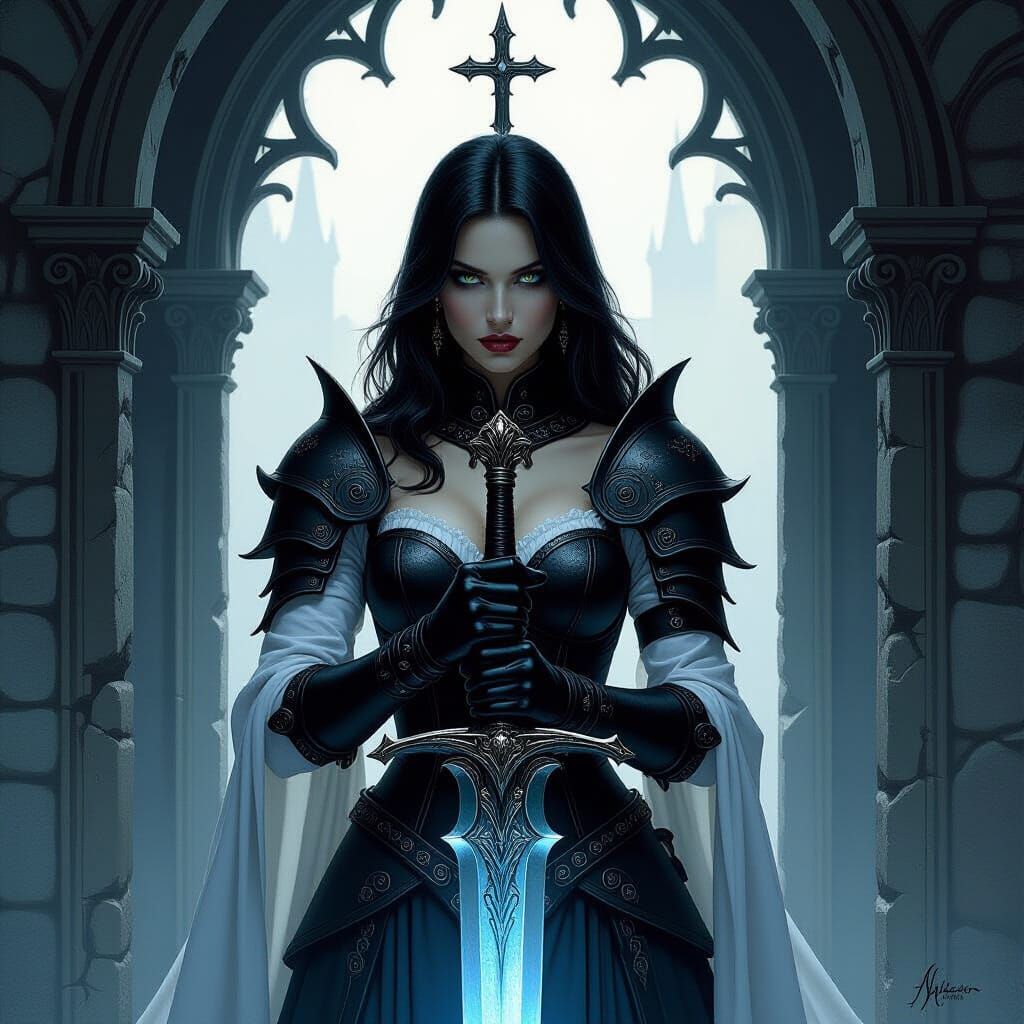 Ornate Gothic Longsword with Ethereal Blue Blade