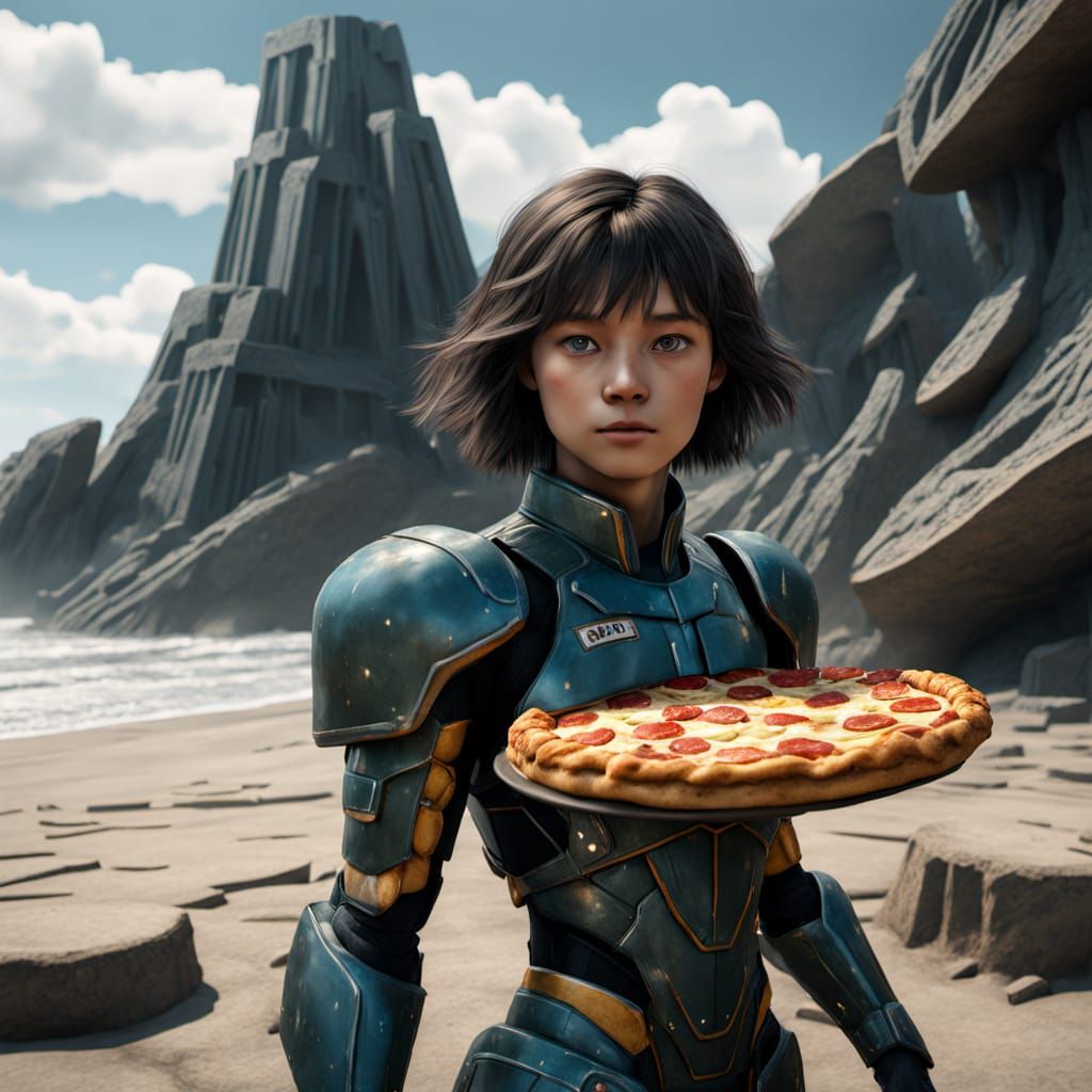 Hyperrealistic Pizza Monster Statue on Pizza Beach