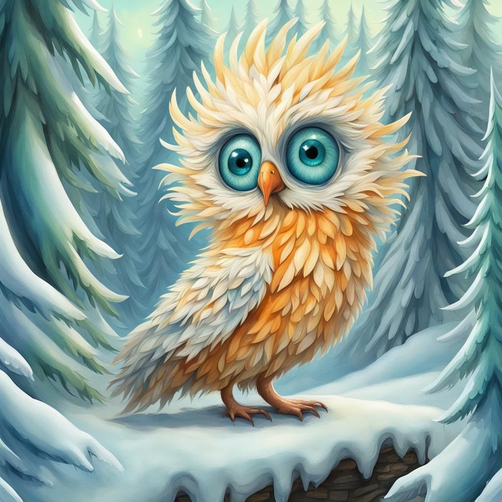 Quirky Jocular Feathered North Pole Ice Creature :: Quirky Folk Style :: Fantastical :: Light Orange and Pale Yellow F...