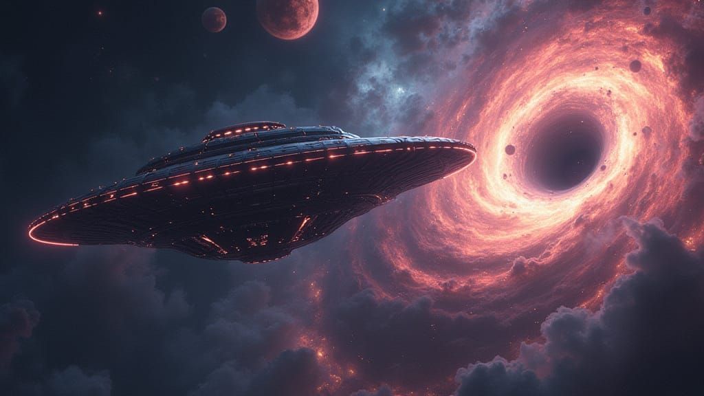 Futuristic UFO Near Black Hole in Vibrant Nebula Digital Pai...
