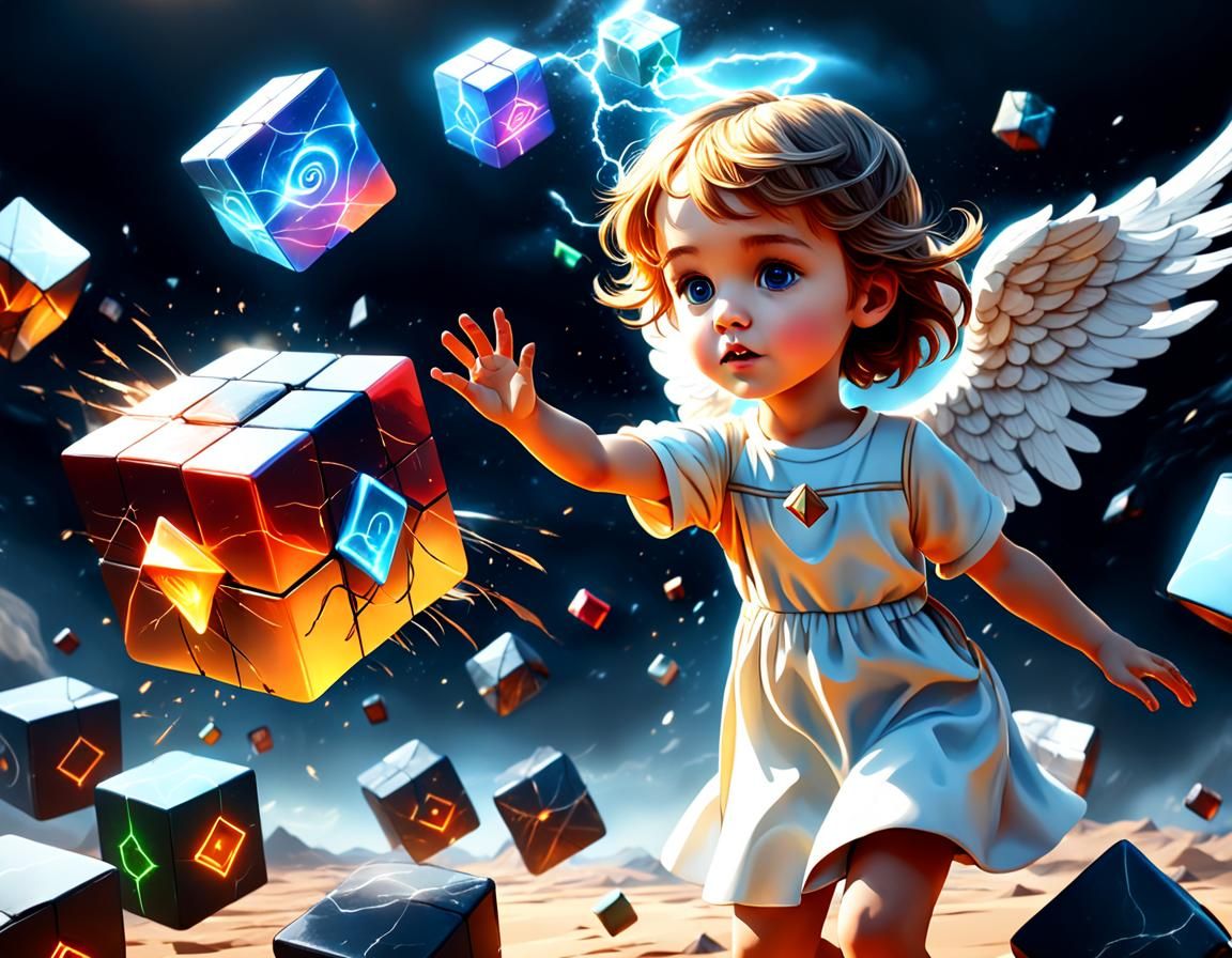 Angel Plays with Disaster Cubes: Hyperrealistic CGI Art