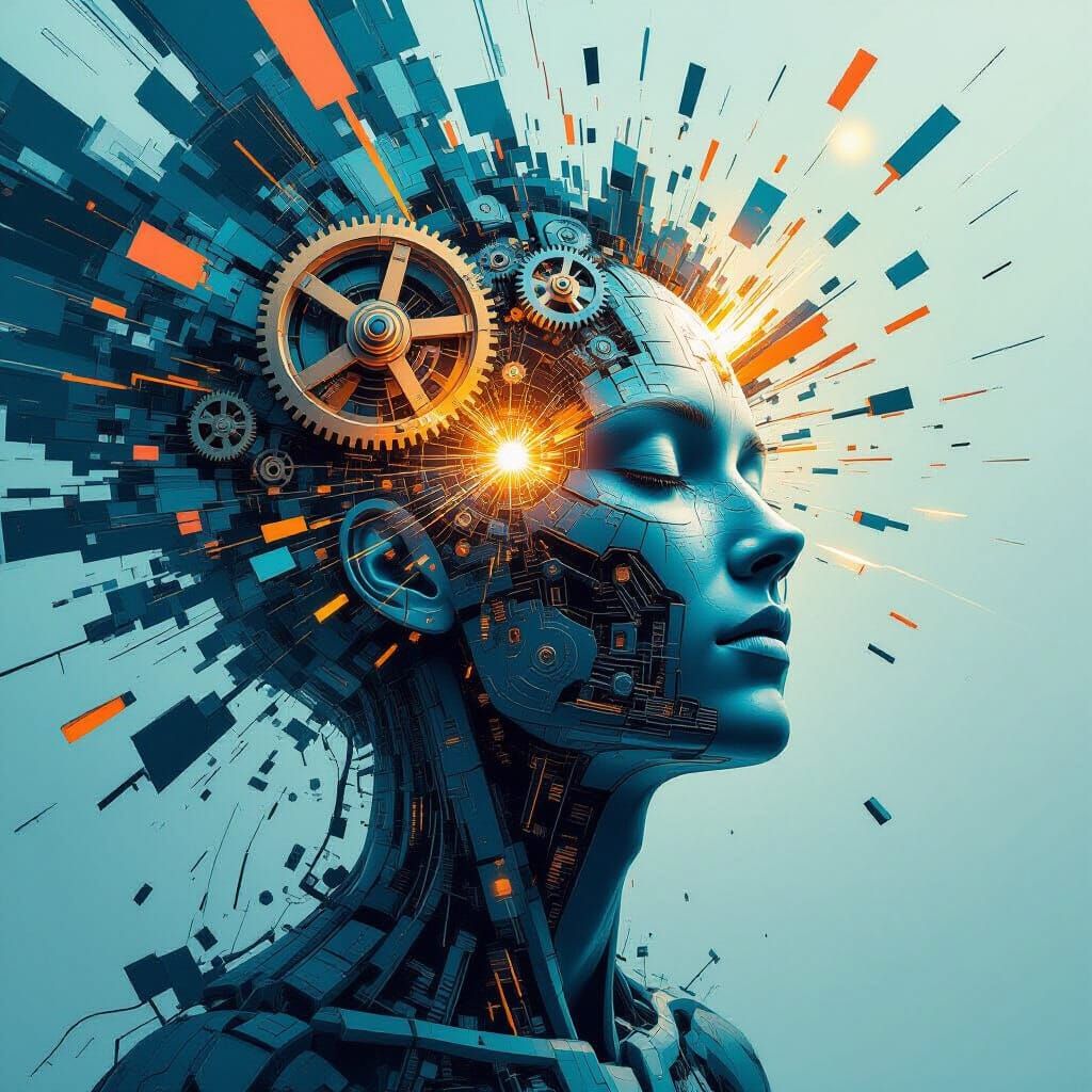 Surreal Clockwork Head Explodes in Geometric Chaos