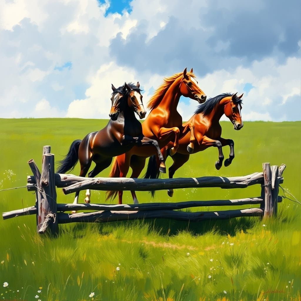Horses Leaping in Meadow, Romantic Style