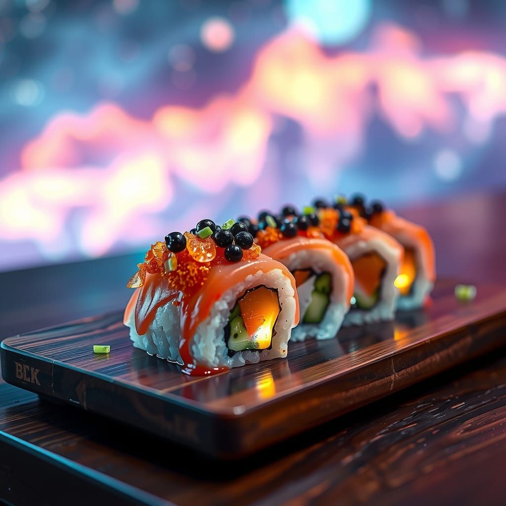 Hyperrealistic Sci-Fi Sushi on a Cosmic Tray