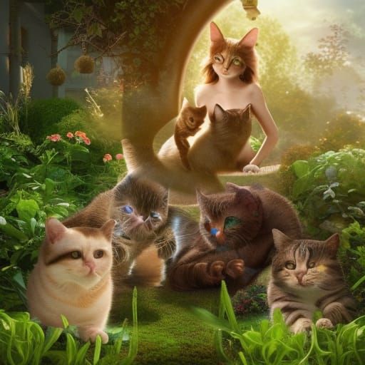 Alien Cat-Human Mother and Babies in Garden